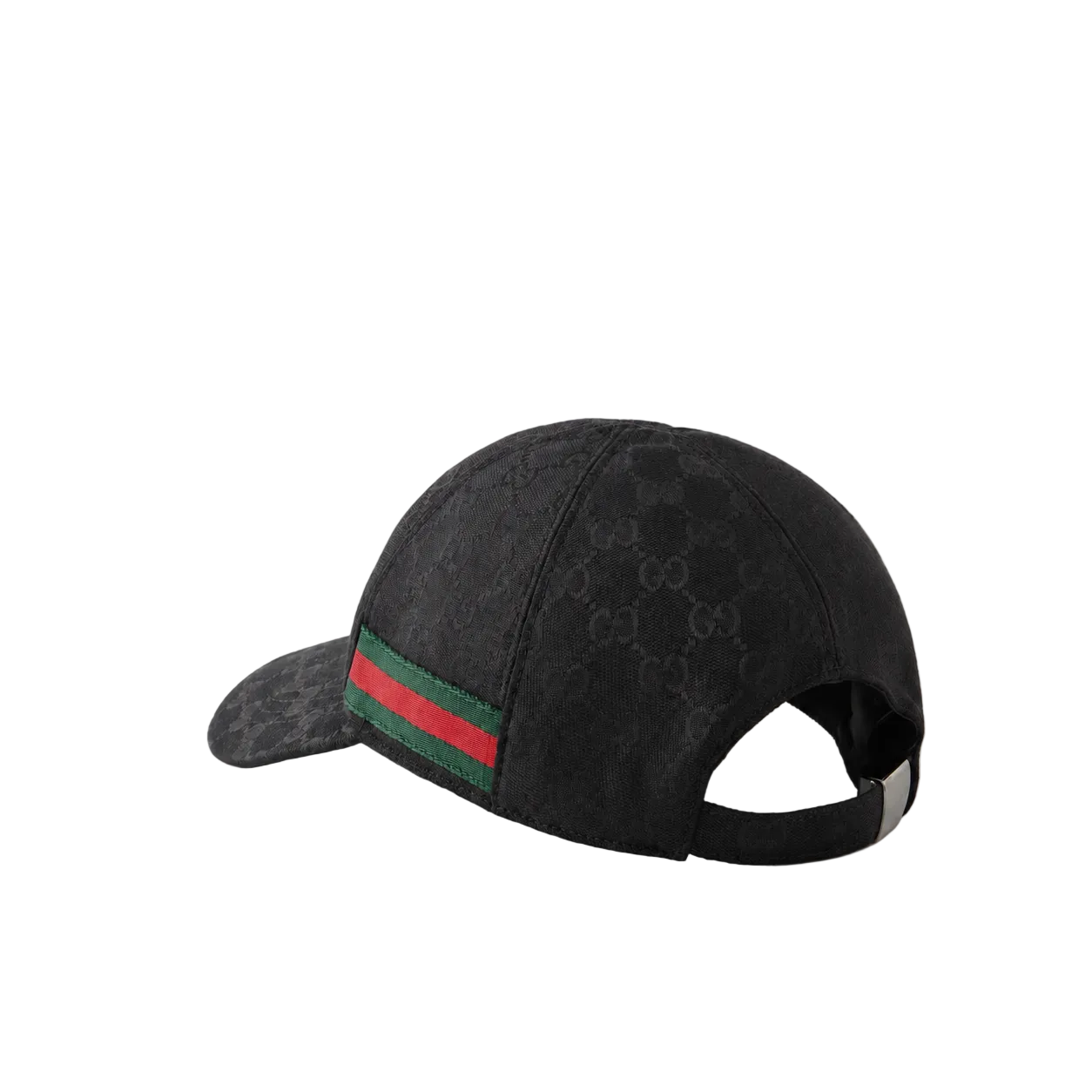 A black baseball cap featuring the brand's signature GG monogram pattern, a green and red web stripe on the side, and an adjustable black back strap, shown against a neutral beige background.